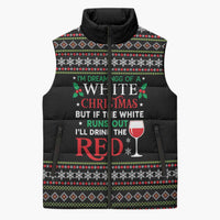 White and Red Christmas Wine Sleeveless Puffer Jacket with Festive Pattern and Holiday Cheer - Wonder Print Shop