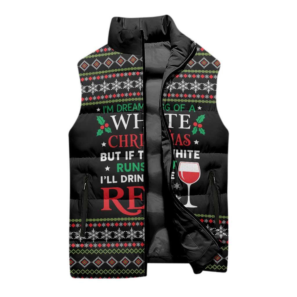 White and Red Christmas Wine Sleeveless Puffer Jacket with Festive Pattern and Holiday Cheer - Wonder Print Shop