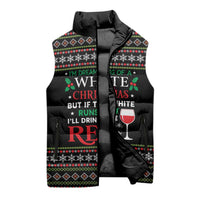 White and Red Christmas Wine Sleeveless Puffer Jacket with Festive Pattern and Holiday Cheer - Wonder Print Shop