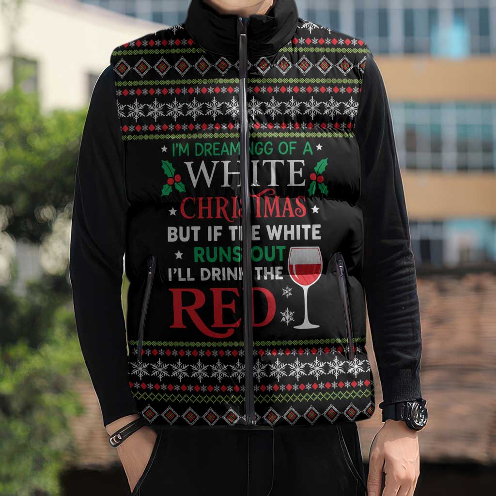 White and Red Christmas Wine Sleeveless Puffer Jacket with Festive Pattern and Holiday Cheer - Wonder Print Shop