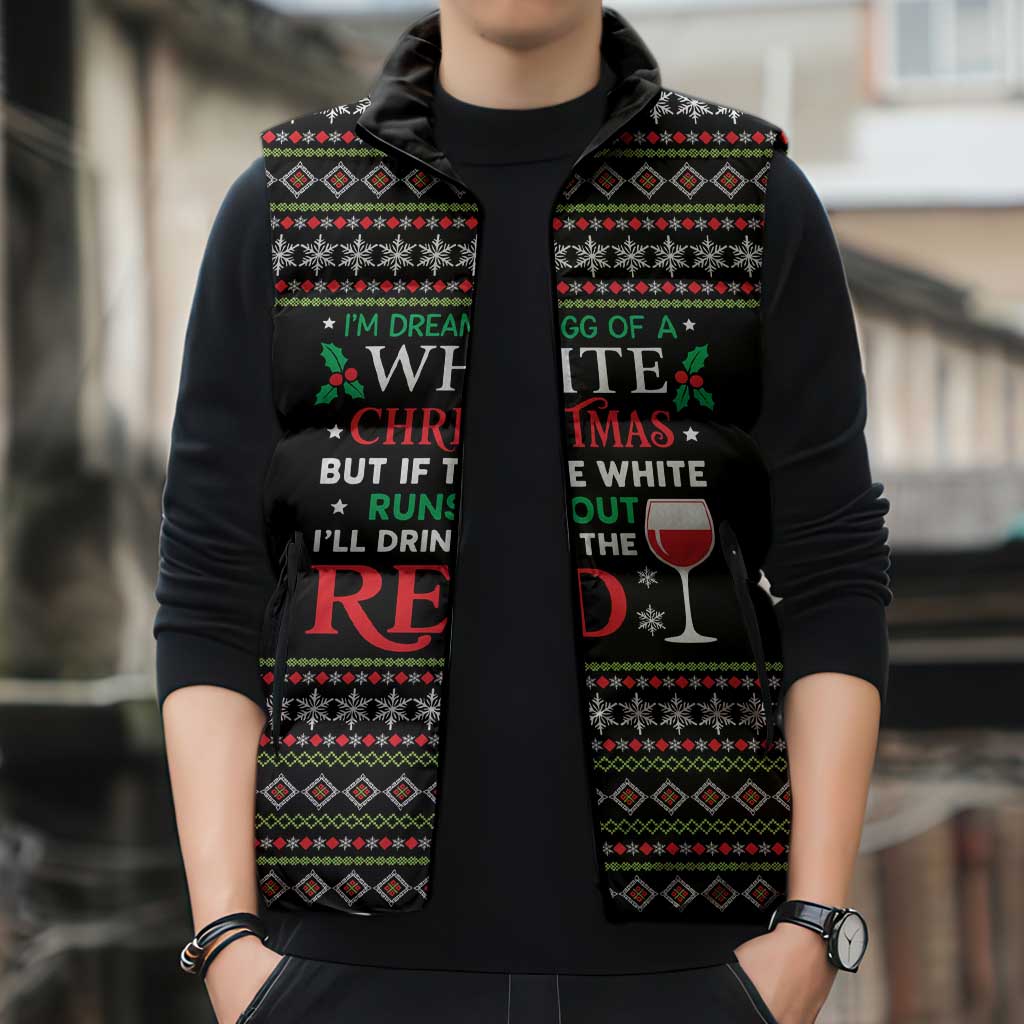 White and Red Christmas Wine Sleeveless Puffer Jacket with Festive Pattern and Holiday Cheer - Wonder Print Shop