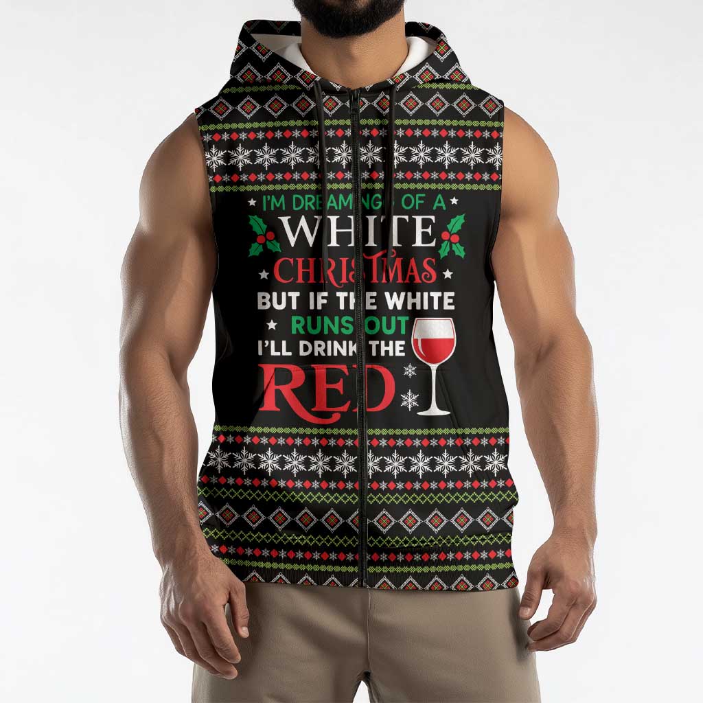 White and Red Christmas Wine Sleeveless Zip Hoodie with Festive Pattern and Holiday Cheer - Wonder Print Shop