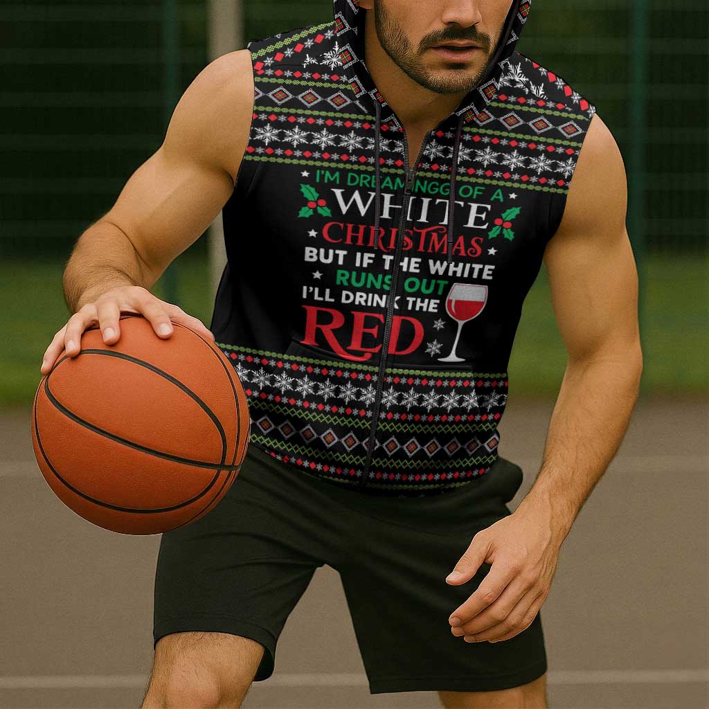 White and Red Christmas Wine Sleeveless Zip Hoodie with Festive Pattern and Holiday Cheer - Wonder Print Shop