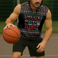 White and Red Christmas Wine Sleeveless Zip Hoodie with Festive Pattern and Holiday Cheer - Wonder Print Shop
