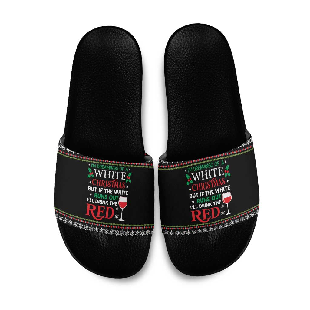 White and Red Christmas Wine Slide Sandals with Festive Pattern and Holiday Cheer - Wonder Print Shop