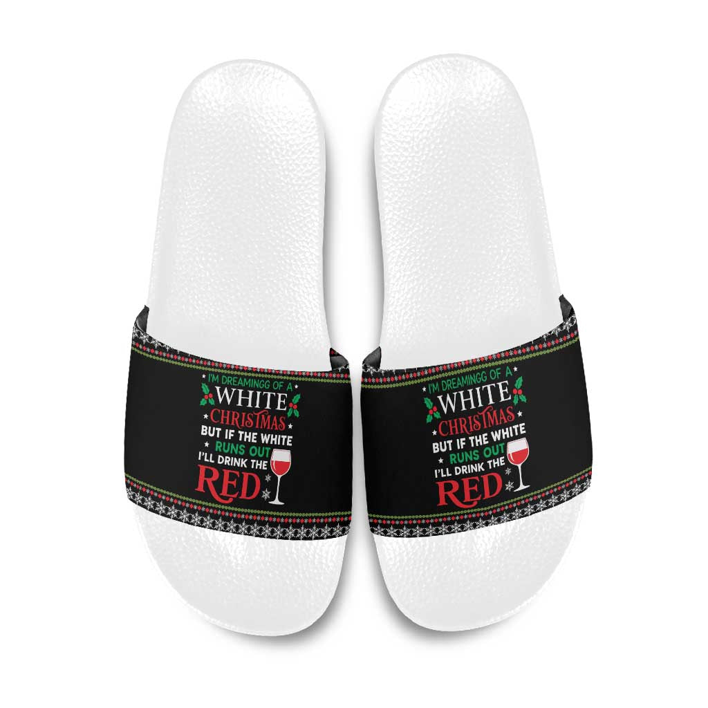 White and Red Christmas Wine Slide Sandals with Festive Pattern and Holiday Cheer - Wonder Print Shop