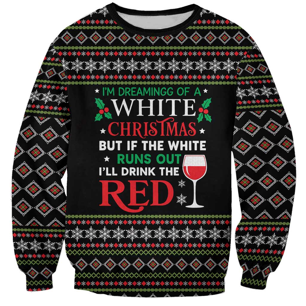 White and Red Christmas Wine Sweatshirt with Festive Pattern and Holiday Cheer - Wonder Print Shop