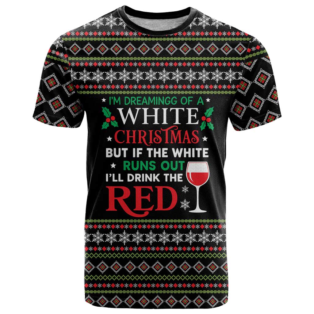 White and Red Christmas Wine T Shirt with Festive Pattern and Holiday Cheer - Wonder Print Shop