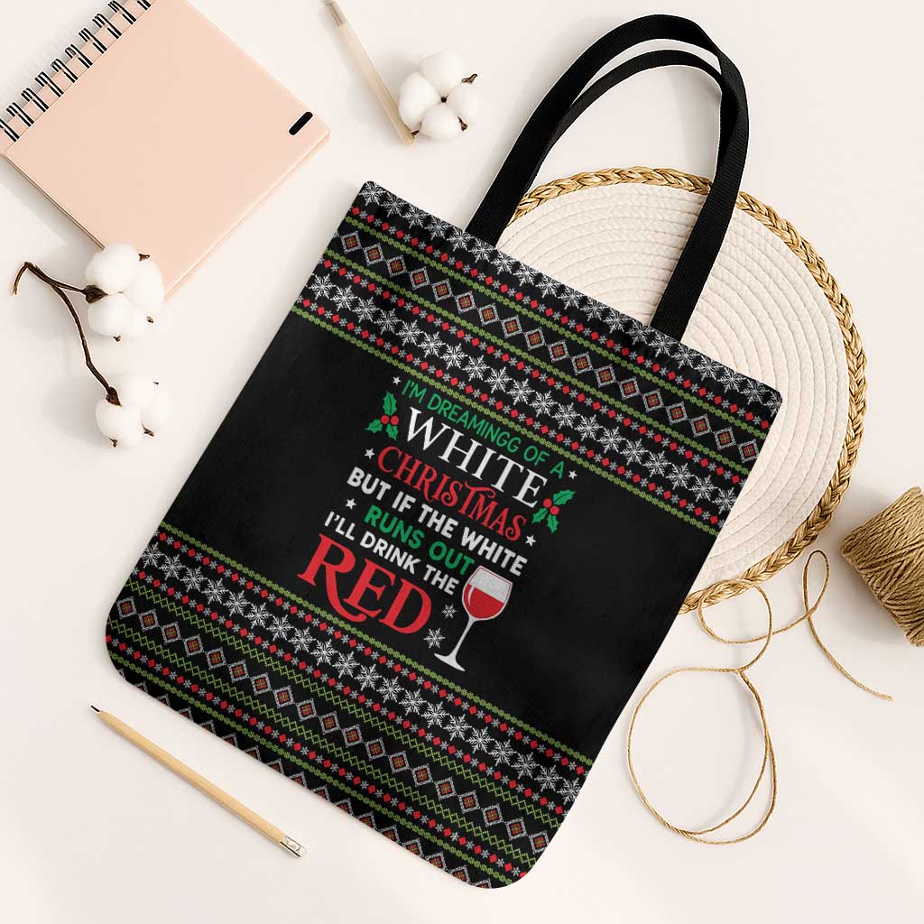 White and Red Christmas Wine Tote Bag with Festive Pattern and Holiday Cheer - Wonder Print Shop