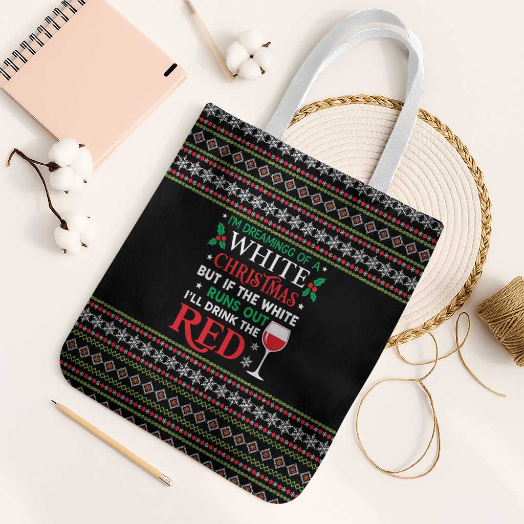 White and Red Christmas Wine Tote Bag with Festive Pattern and Holiday Cheer - Wonder Print Shop