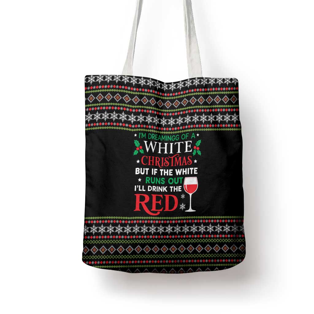 White and Red Christmas Wine Tote Bag with Festive Pattern and Holiday Cheer - Wonder Print Shop