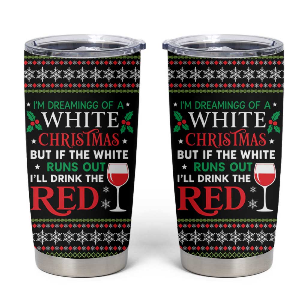 White and Red Christmas Wine Tumbler Cup with Festive Pattern and Holiday Cheer - Wonder Print Shop