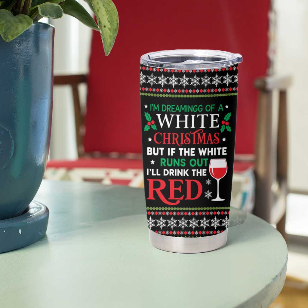 White and Red Christmas Wine Tumbler Cup with Festive Pattern and Holiday Cheer - Wonder Print Shop