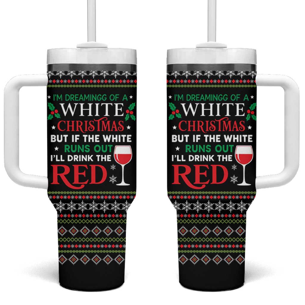 White and Red Christmas Wine Tumbler With Handle with Festive Pattern and Holiday Cheer - Wonder Print Shop