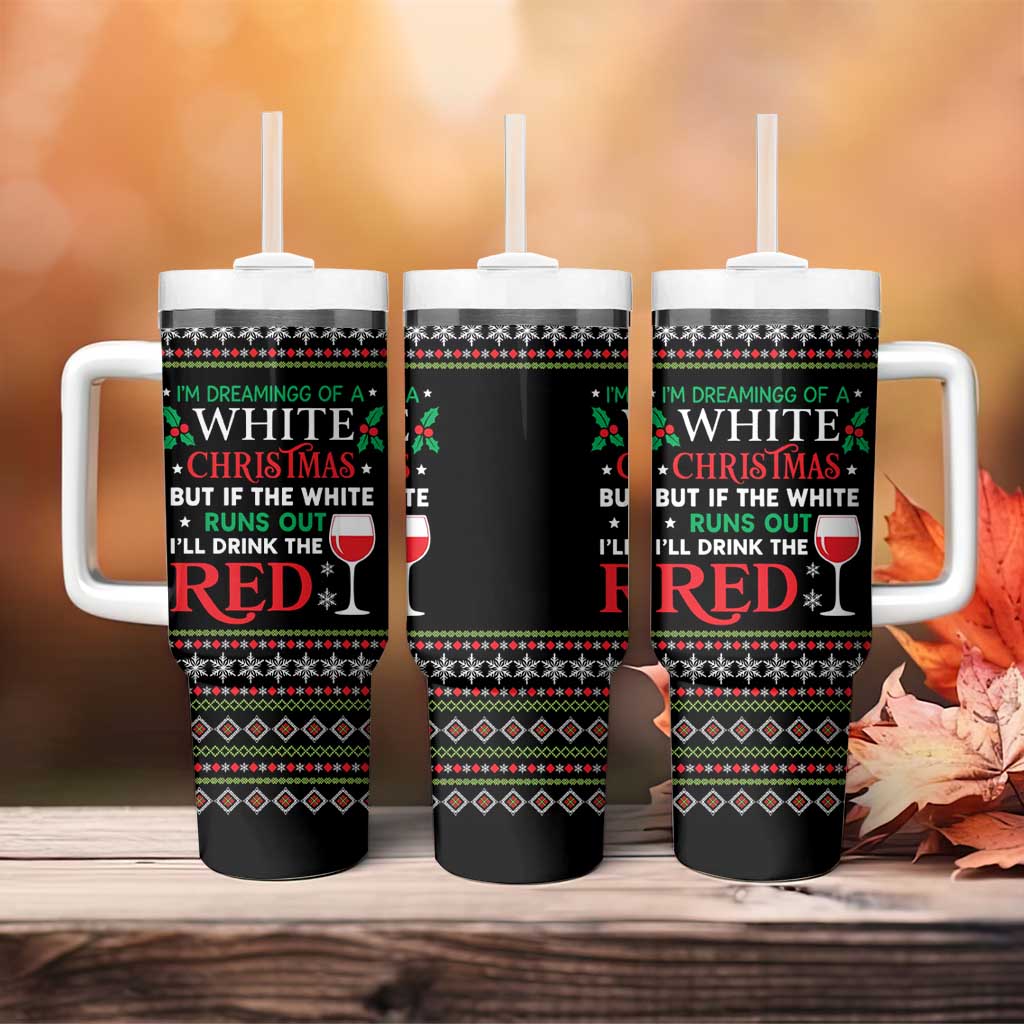 White and Red Christmas Wine Tumbler With Handle with Festive Pattern and Holiday Cheer - Wonder Print Shop
