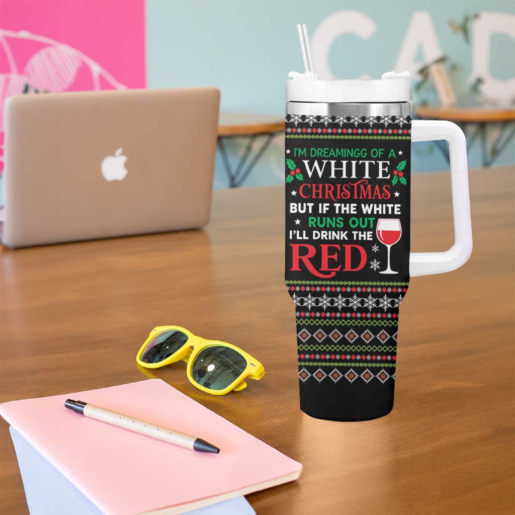 White and Red Christmas Wine Tumbler With Handle with Festive Pattern and Holiday Cheer - Wonder Print Shop