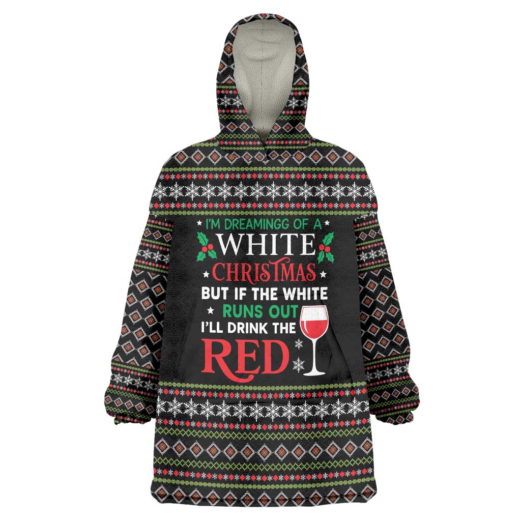 White and Red Christmas Wine Wearable Blanket Hoodie with Festive Pattern and Holiday Cheer - Wonder Print Shop