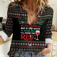 White and Red Christmas Wine Women Casual Shirt with Festive Pattern and Holiday Cheer - Wonder Print Shop