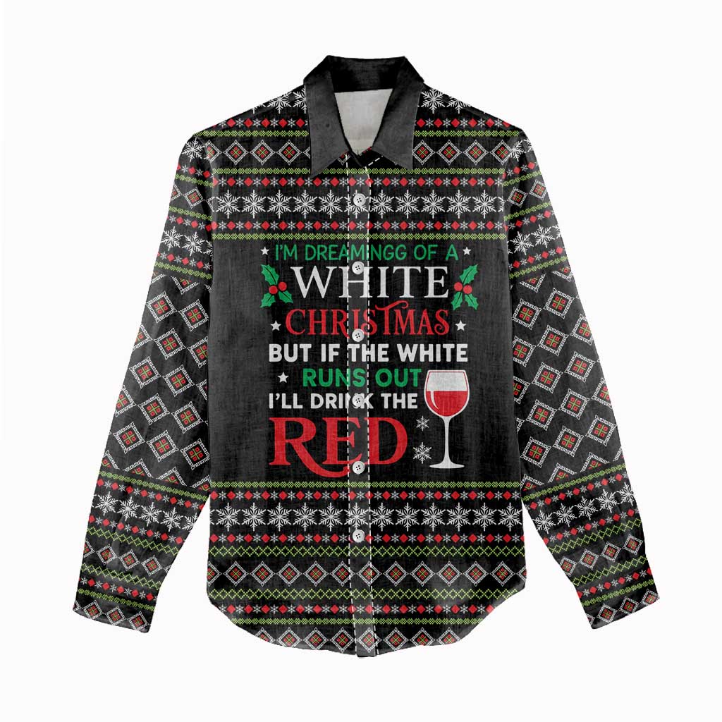 White and Red Christmas Wine Women Casual Shirt with Festive Pattern and Holiday Cheer - Wonder Print Shop