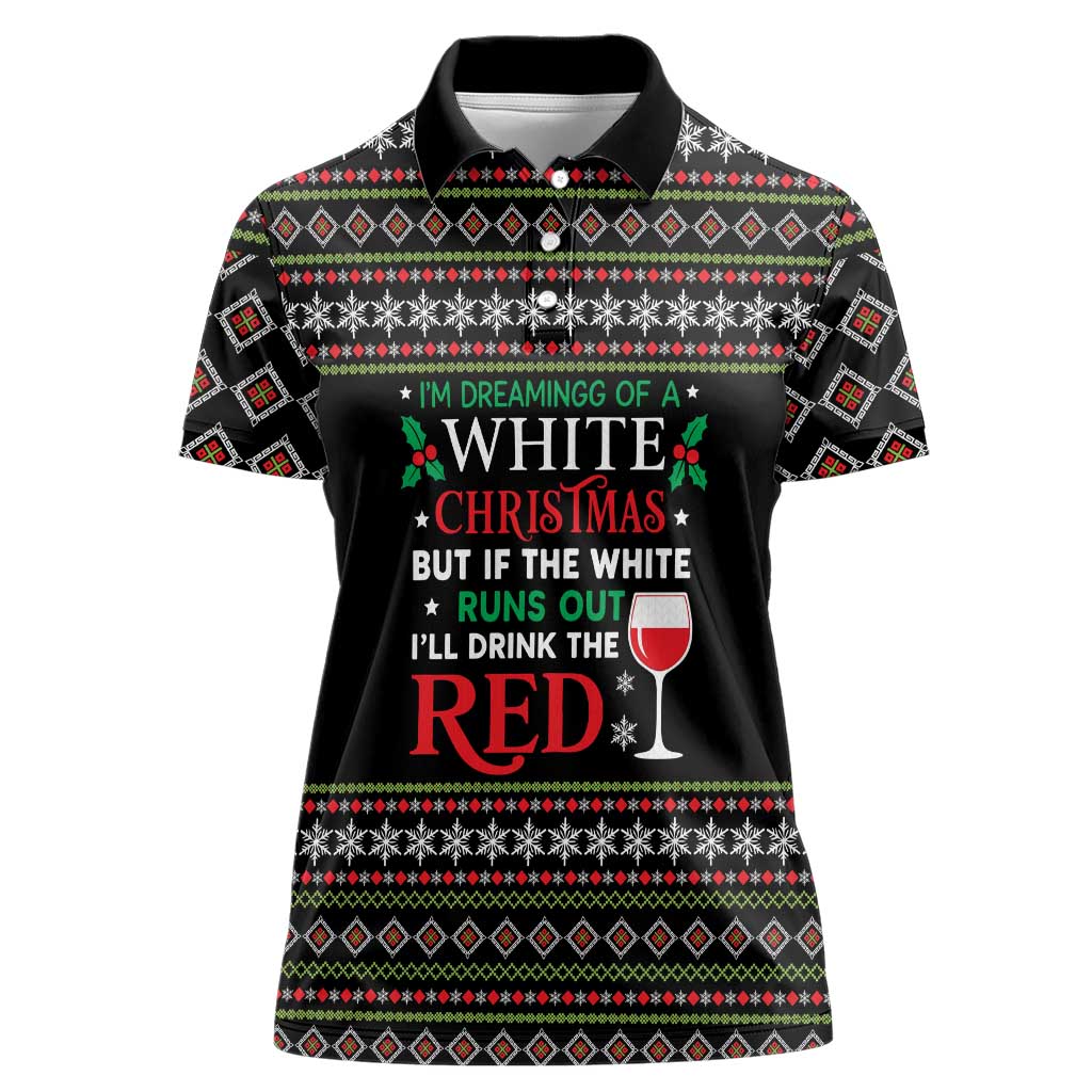 White and Red Christmas Wine Women Polo Shirt with Festive Pattern and Holiday Cheer - Wonder Print Shop