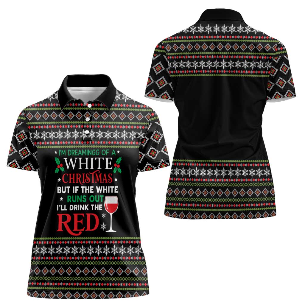 White and Red Christmas Wine Women Polo Shirt with Festive Pattern and Holiday Cheer - Wonder Print Shop
