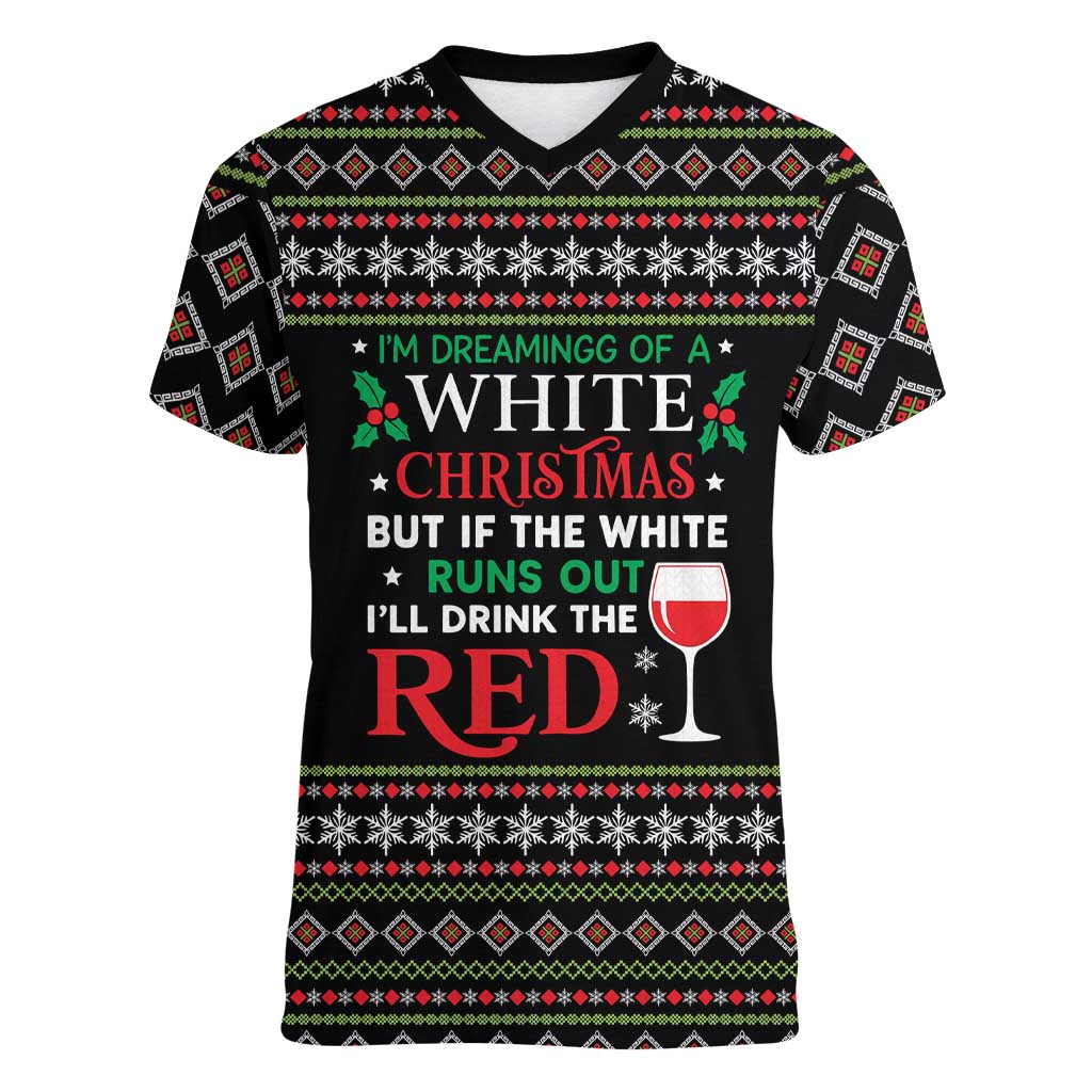 White and Red Christmas Wine Women V-Neck T-Shirt with Festive Pattern and Holiday Cheer - Wonder Print Shop