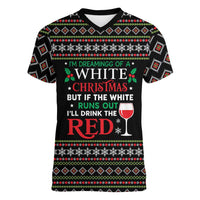 White and Red Christmas Wine Women V-Neck T-Shirt with Festive Pattern and Holiday Cheer - Wonder Print Shop