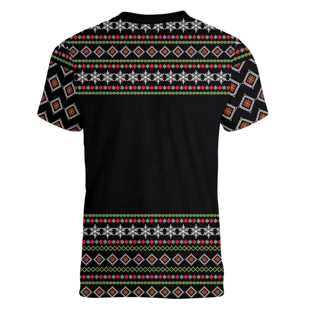 White and Red Christmas Wine Women V-Neck T-Shirt with Festive Pattern and Holiday Cheer - Wonder Print Shop