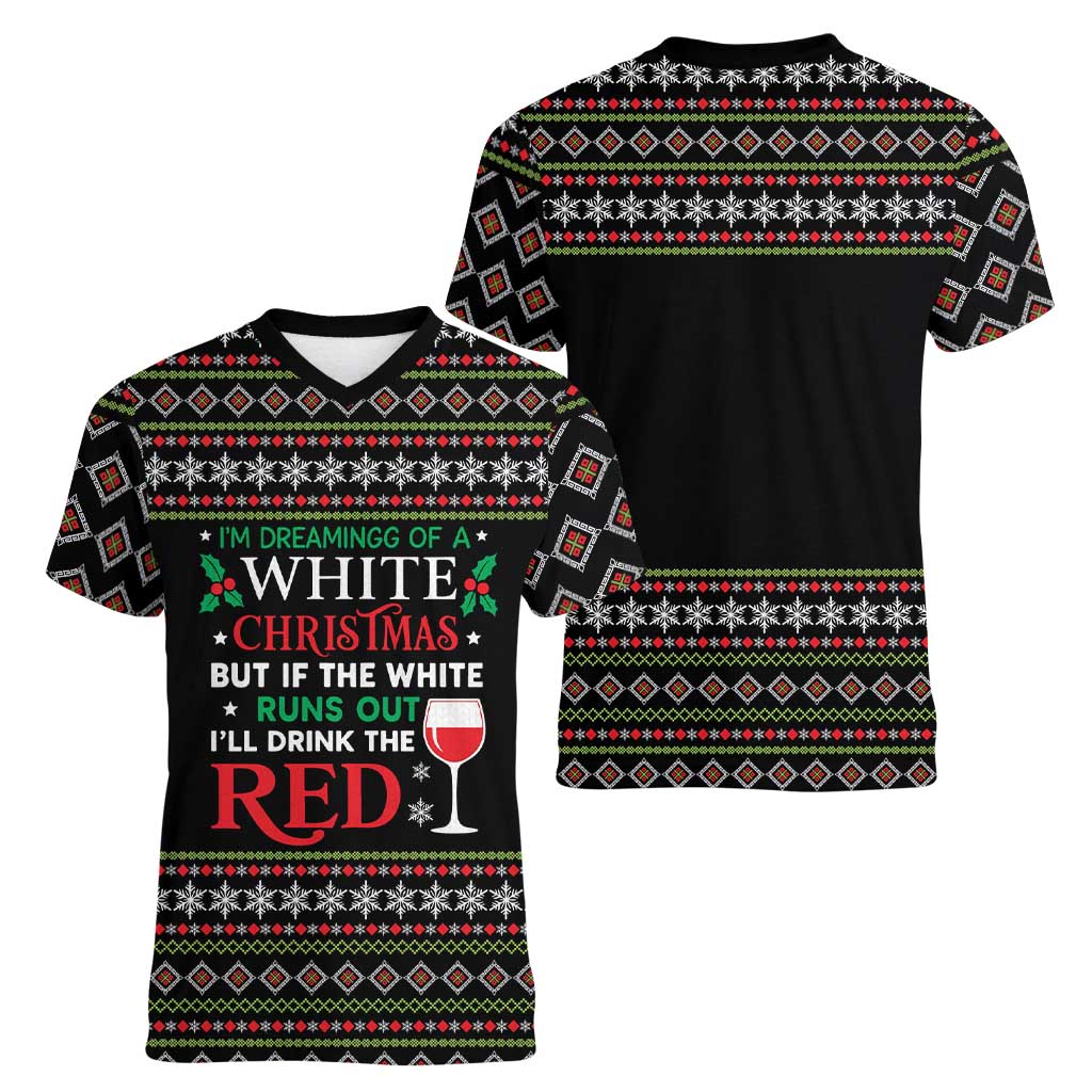 White and Red Christmas Wine Women V-Neck T-Shirt with Festive Pattern and Holiday Cheer - Wonder Print Shop