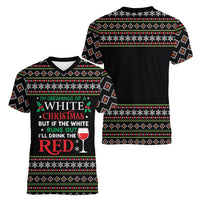 White and Red Christmas Wine Women V-Neck T-Shirt with Festive Pattern and Holiday Cheer - Wonder Print Shop