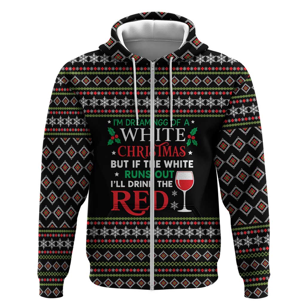 White and Red Christmas Wine Zip Hoodie with Festive Pattern and Holiday Cheer - Wonder Print Shop