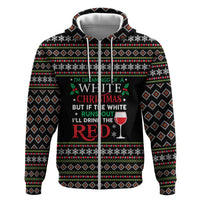 White and Red Christmas Wine Zip Hoodie with Festive Pattern and Holiday Cheer - Wonder Print Shop