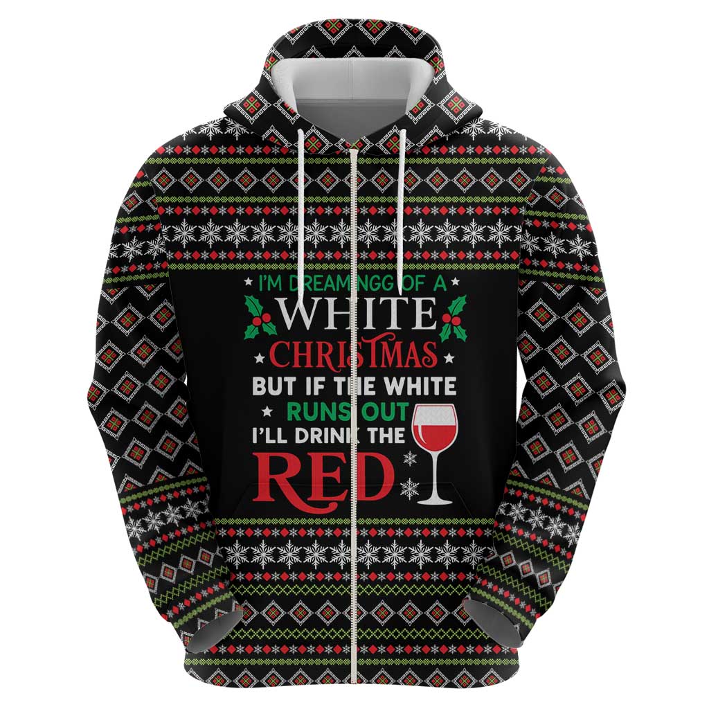 White and Red Christmas Wine Zip Hoodie with Festive Pattern and Holiday Cheer - Wonder Print Shop