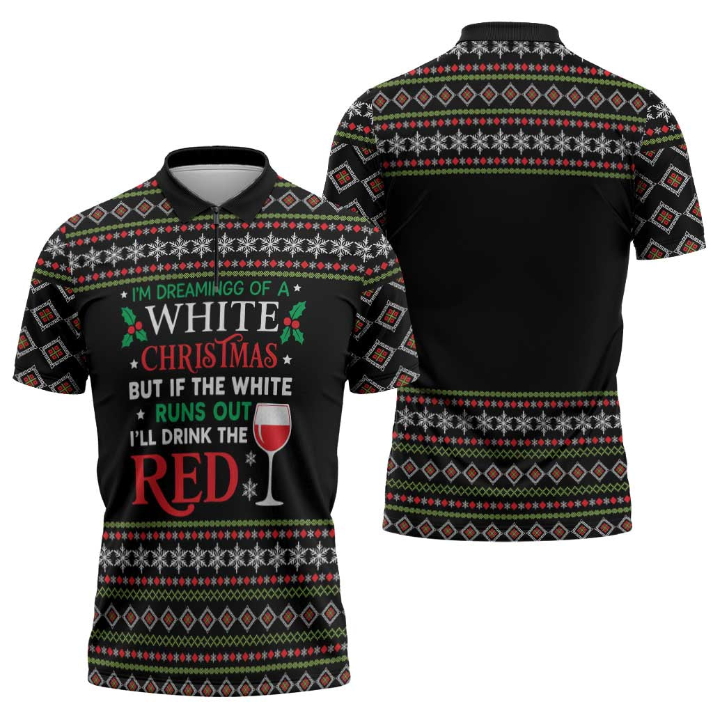 White and Red Christmas Wine Zipper Polo Shirt with Festive Pattern and Holiday Cheer - Wonder Print Shop