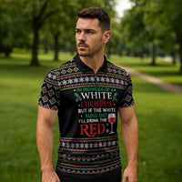 White and Red Christmas Wine Zipper Polo Shirt with Festive Pattern and Holiday Cheer - Wonder Print Shop
