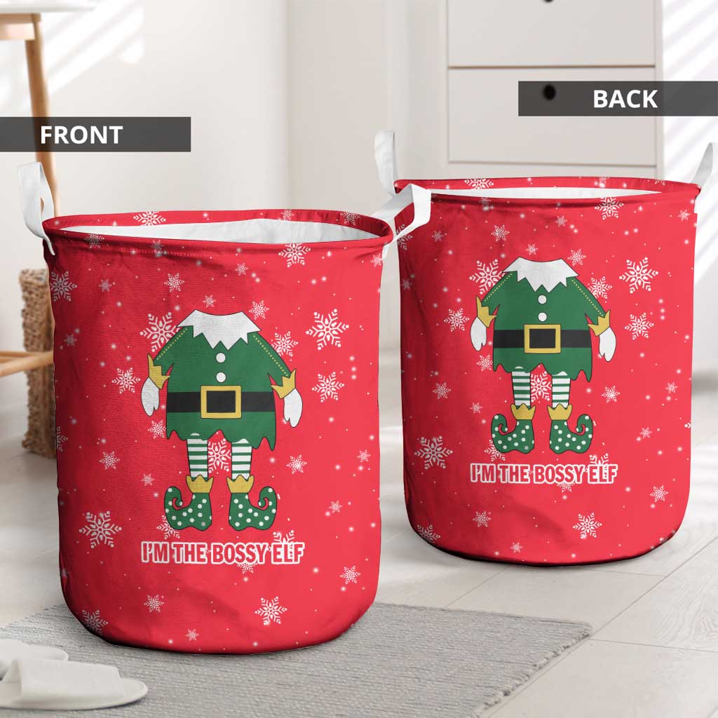 Bossy Elf Christmas Laundry Basket with Snowflakes and Striped Sleeves - Wonder Print Shop