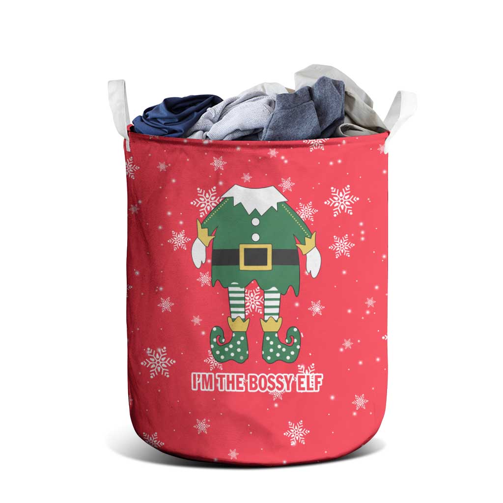 Bossy Elf Christmas Laundry Basket with Snowflakes and Striped Sleeves - Wonder Print Shop