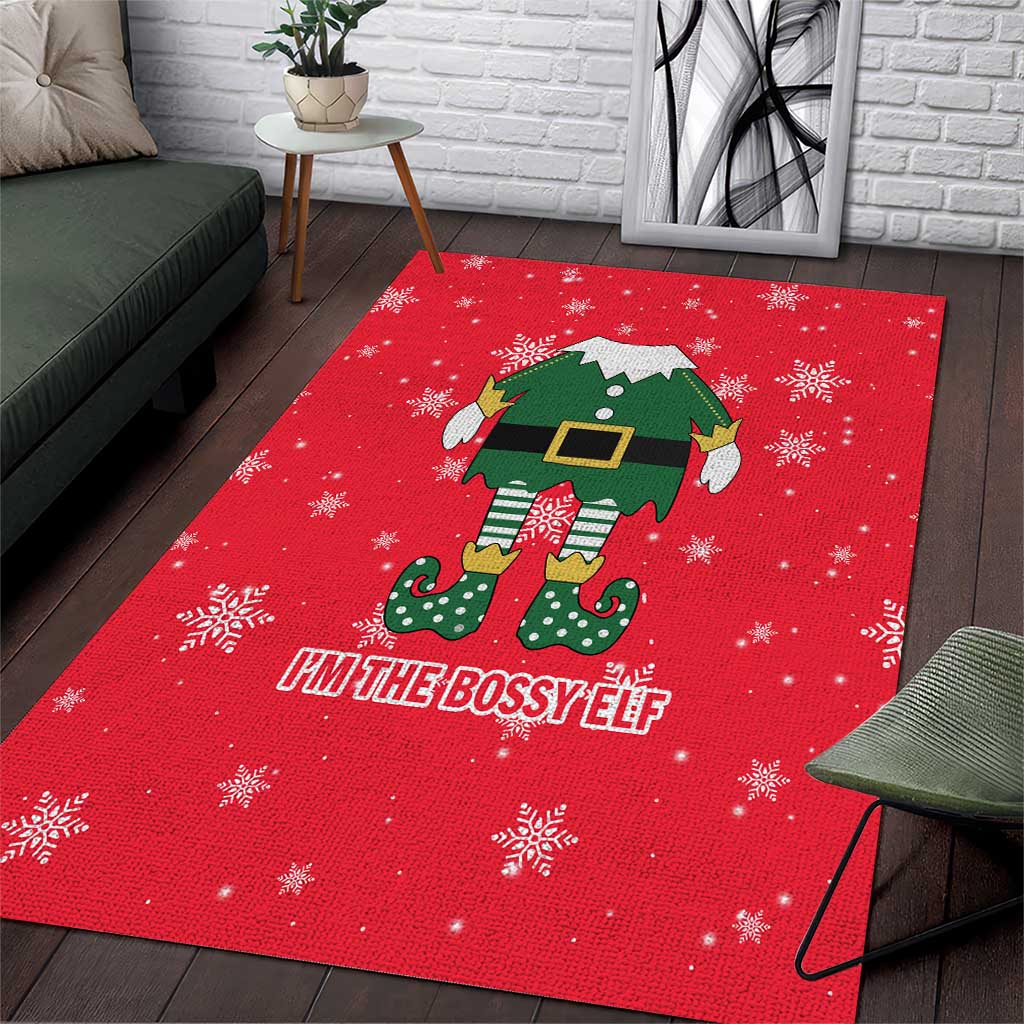 Bossy Elf Christmas Area Rug with Snowflakes and Striped Sleeves - Wonder Print Shop