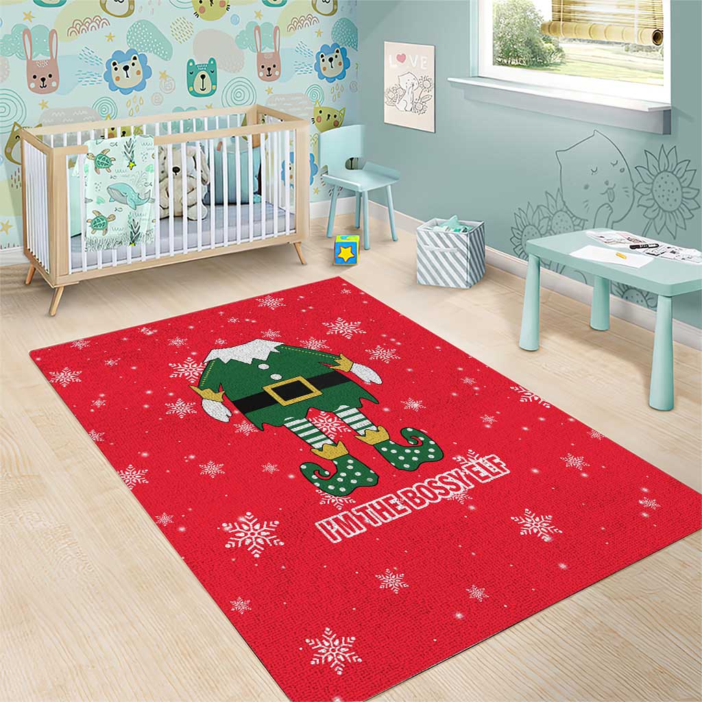 Bossy Elf Christmas Area Rug with Snowflakes and Striped Sleeves - Wonder Print Shop