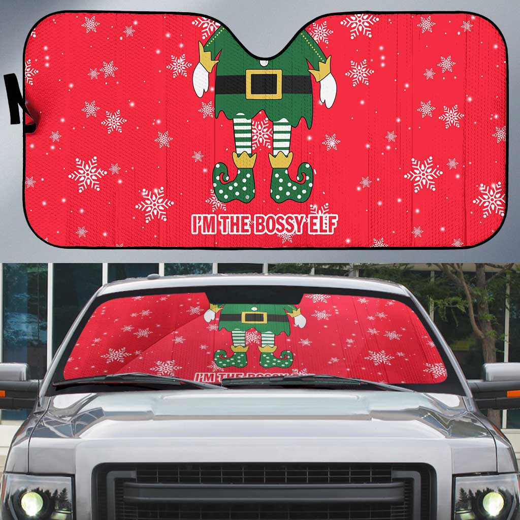 Bossy Elf Christmas Auto Sun Shade with Snowflakes and Striped Sleeves - Wonder Print Shop