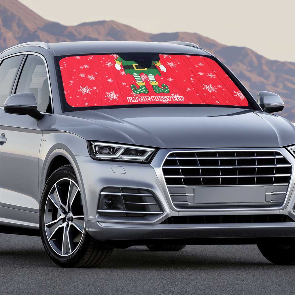 Bossy Elf Christmas Auto Sun Shade with Snowflakes and Striped Sleeves - Wonder Print Shop