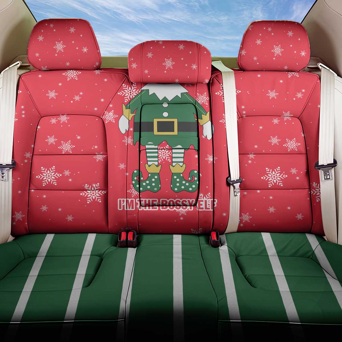 Bossy Elf Christmas Back Car Seat Cover with Snowflakes and Striped Sleeves - Wonder Print Shop
