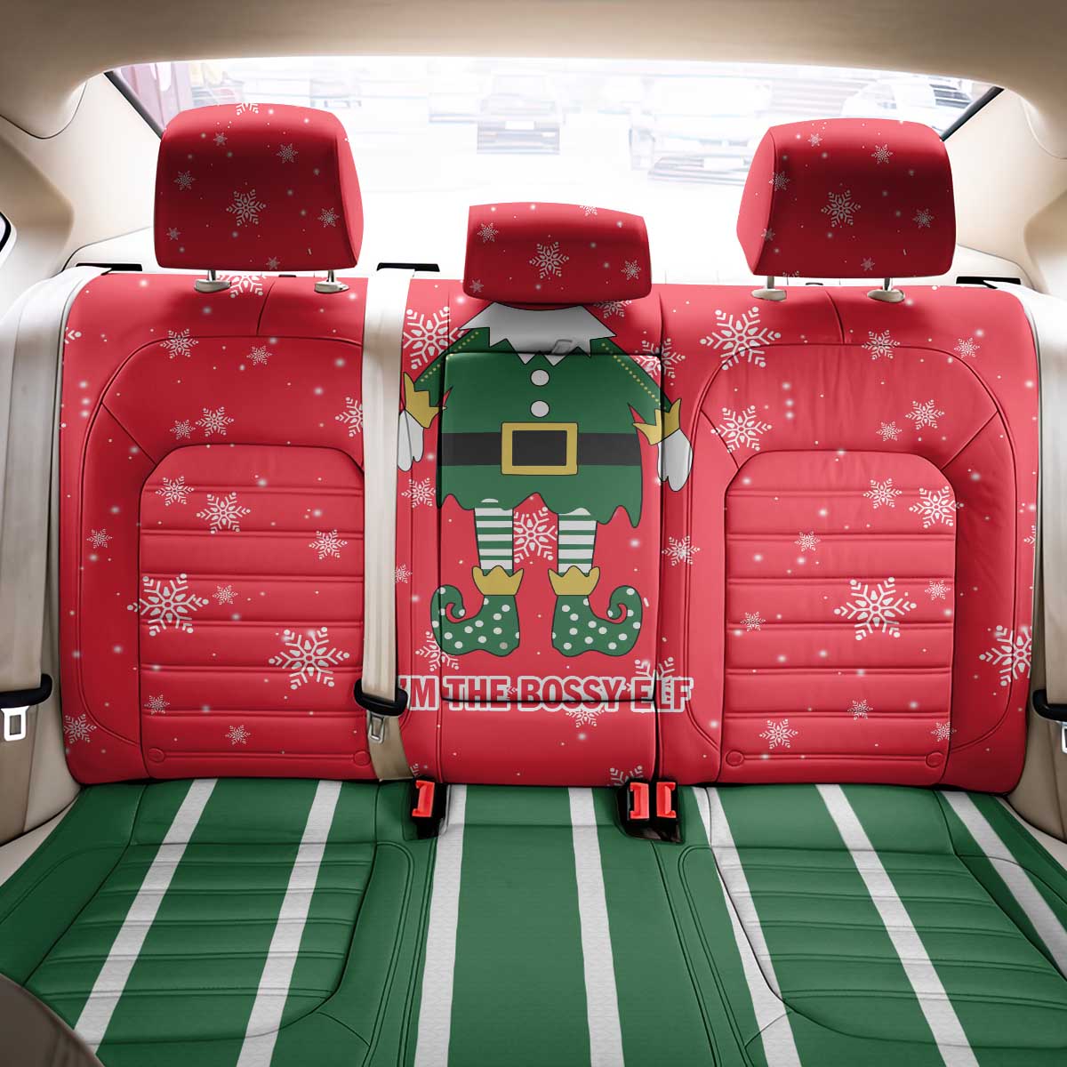 Bossy Elf Christmas Back Car Seat Cover with Snowflakes and Striped Sleeves - Wonder Print Shop