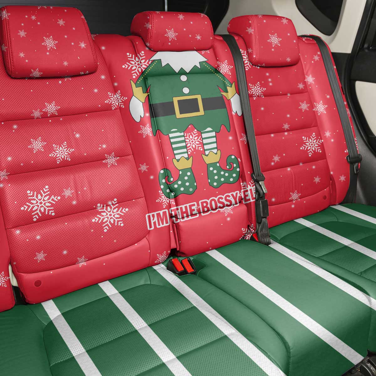 Bossy Elf Christmas Back Car Seat Cover with Snowflakes and Striped Sleeves - Wonder Print Shop