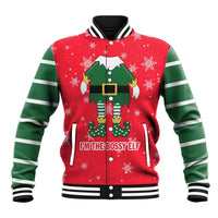 Bossy Elf Christmas Baseball Jacket with Snowflakes and Striped Sleeves - Wonder Print Shop