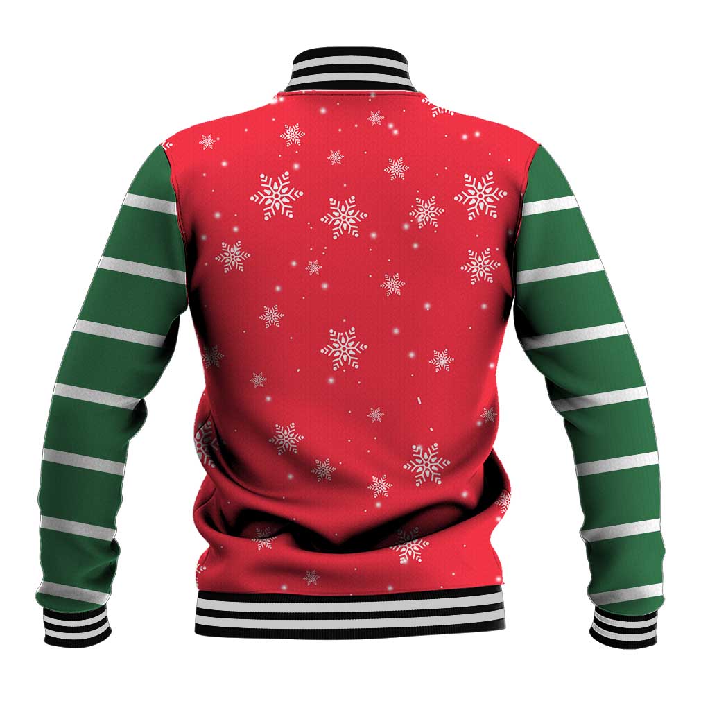 Bossy Elf Christmas Baseball Jacket with Snowflakes and Striped Sleeves - Wonder Print Shop