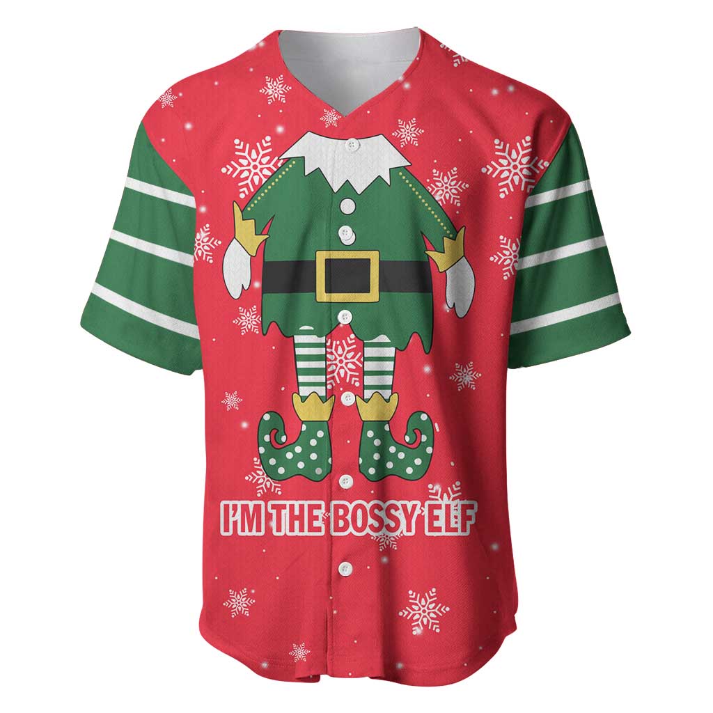 Bossy Elf Christmas Baseball Jersey with Snowflakes and Striped Sleeves - Wonder Print Shop