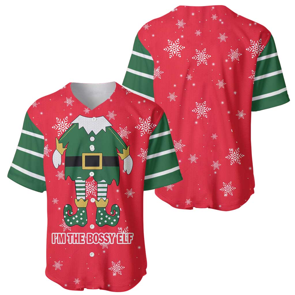 Bossy Elf Christmas Baseball Jersey with Snowflakes and Striped Sleeves - Wonder Print Shop