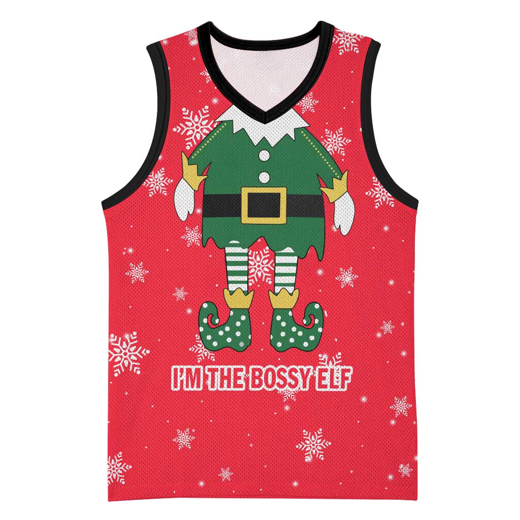 Bossy Elf Christmas Basketball Jersey with Snowflakes and Striped Sleeves - Wonder Print Shop