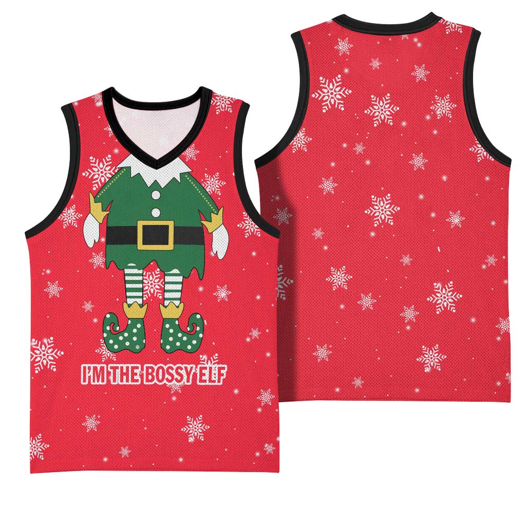 Bossy Elf Christmas Basketball Jersey with Snowflakes and Striped Sleeves - Wonder Print Shop